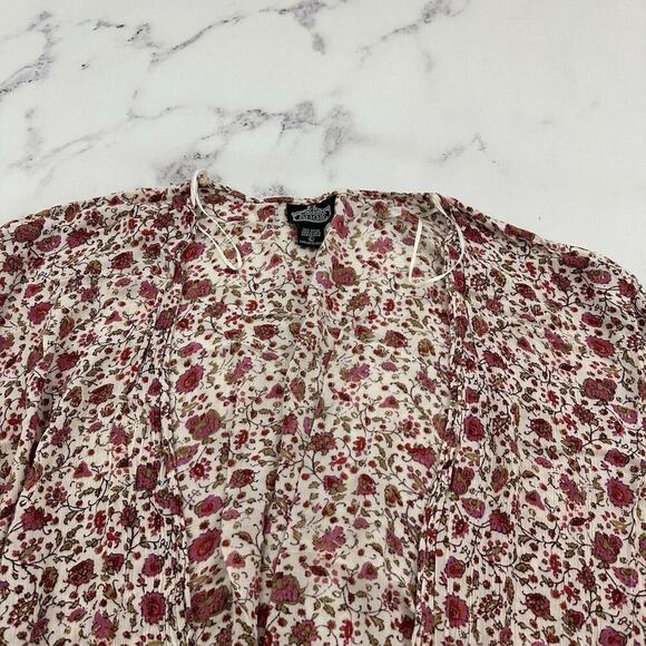 Angie Womens Kimono Cover Up Top Size L Pink White Floral Open Front Boho - Picture 2 of 11